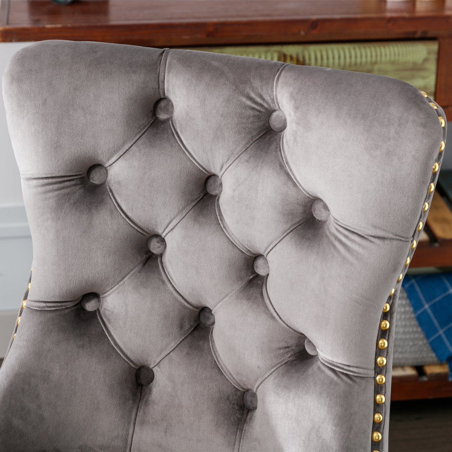 Luxurious Gray Velvet Tufted Home Office Chair with Gold Metal Base, Adjustable Swivel Design