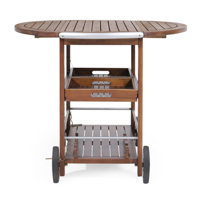 Tillary Drop Leaf Outdoor Bar Cart With Wine Rack Oak Finish