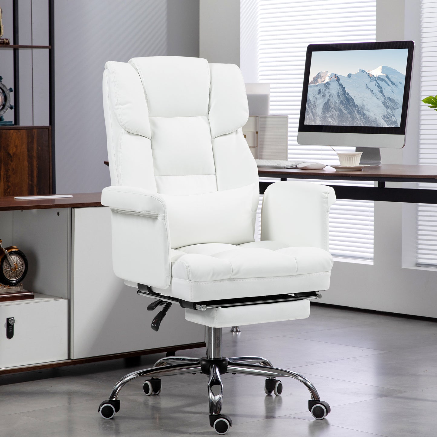 Luxurious White PU Leather Ergonomic Office Chair with Reclining Function, Footrest, and Lumbar Support