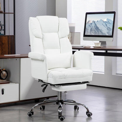 Luxurious White PU Leather Ergonomic Office Chair with Reclining Function, Footrest, and Lumbar Support
