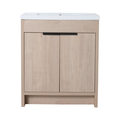 30-Inch Light Oak Freestanding Bathroom Cabinet with Soft-Close Doors & Integrated Resin Sink
