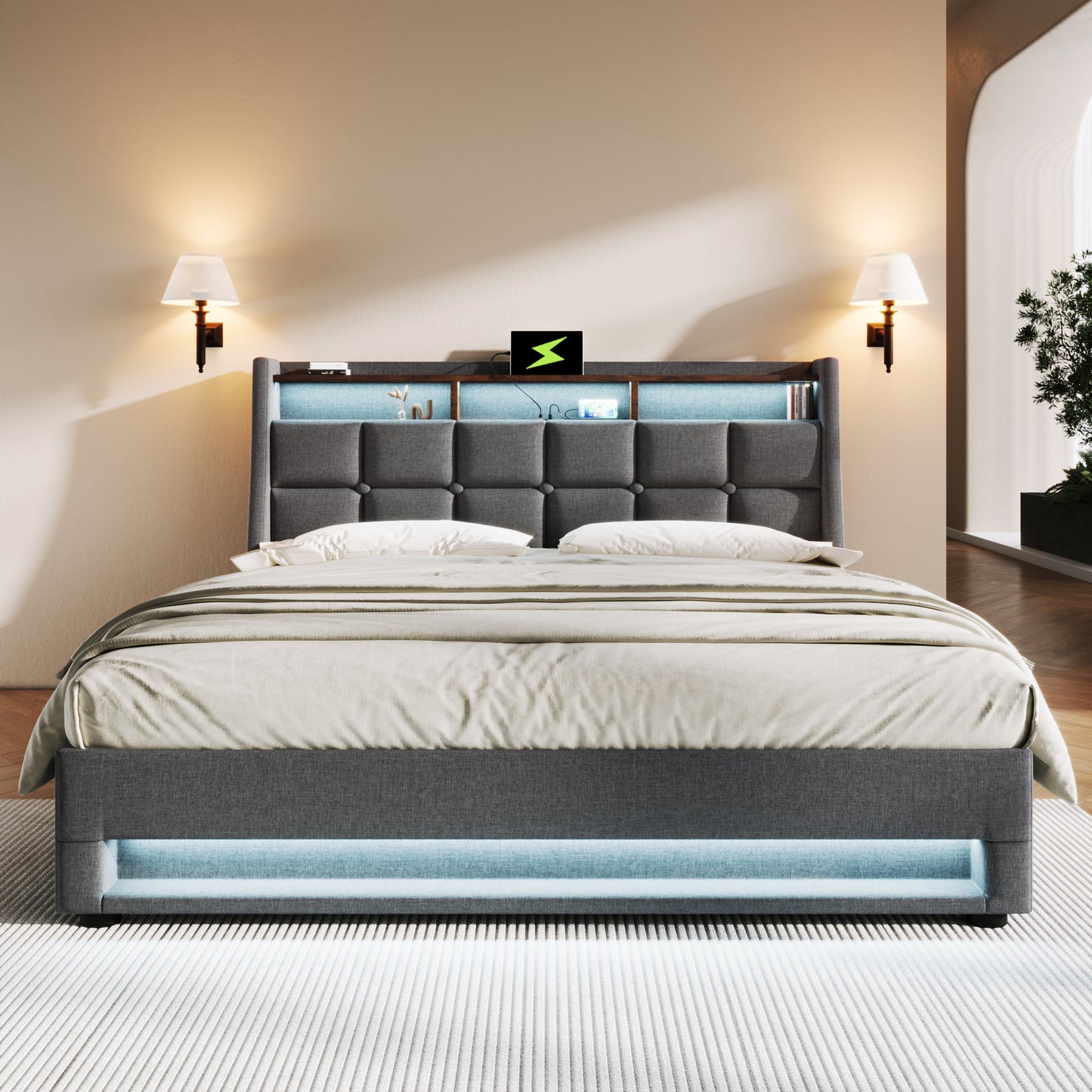 Modern Queen Size Upholstered Platform Bed with Hydraulic Storage, LED Lighting, and USB Port - Grey (Mattress Not Included)