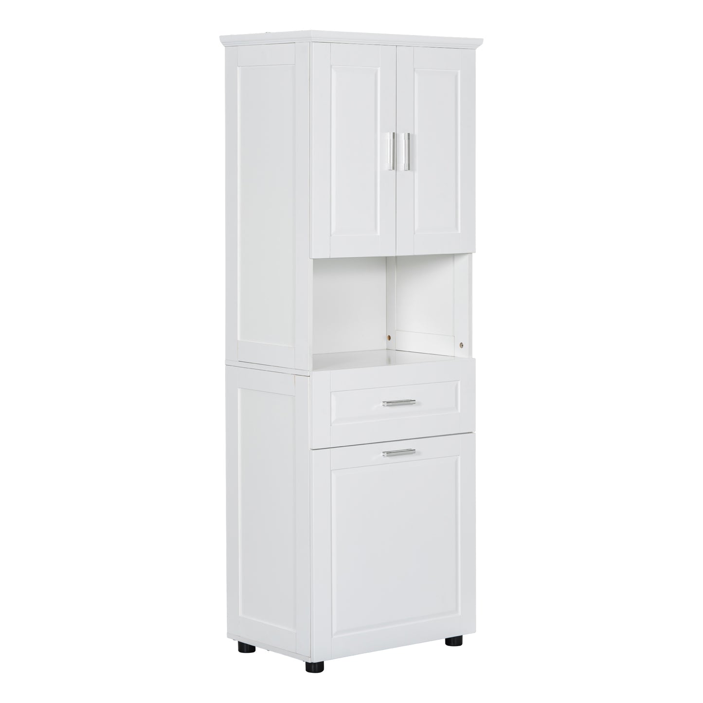 White Tall Storage Cabinet with Tilt-Out Laundry Hamper and Upper Shelves