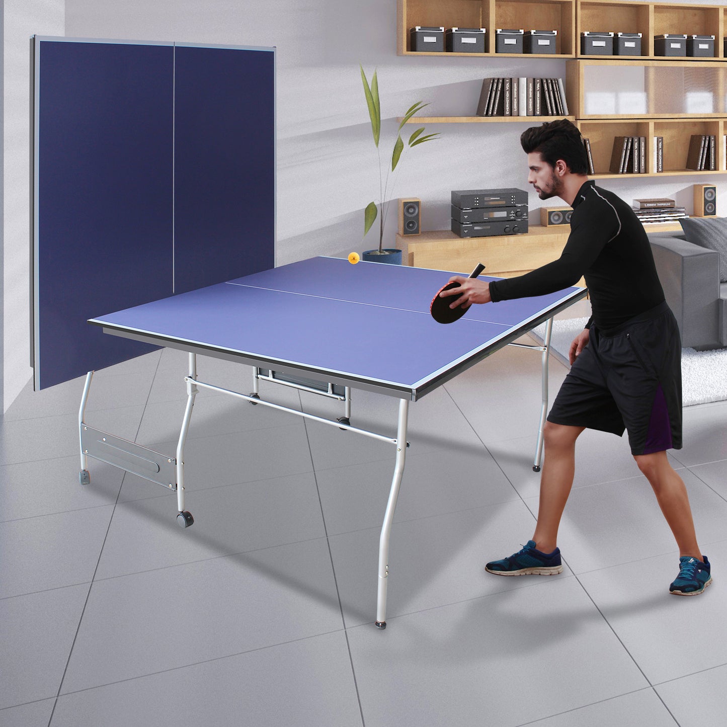 8ft Mid-Size Foldable TT Table for Indoor/Outdoor - Portable Ping Pong Set w/ Net, 2 Paddles, 3 Balls Blue