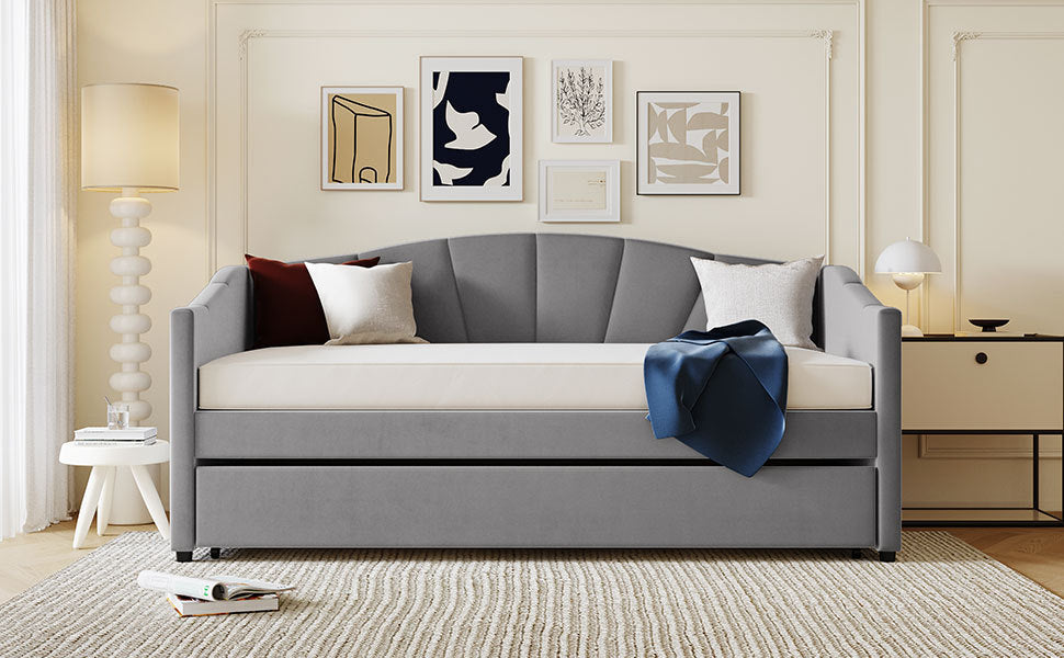 Elegant Gray Upholstered Twin Daybed Sofa with Trundle and Wooden Slats