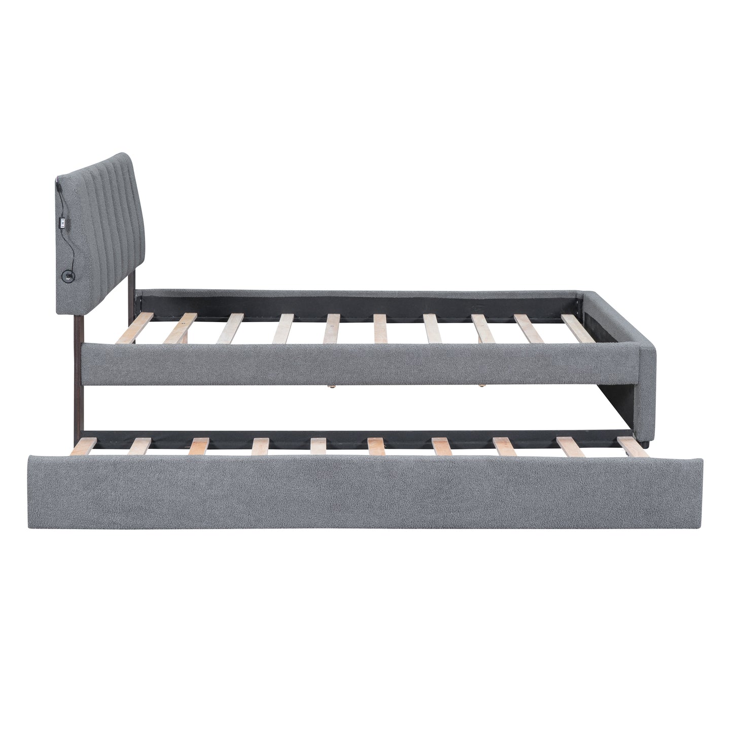 Luxurious Gray Upholstered Full Size Platform Bed with Twin Trundle and LED Lights