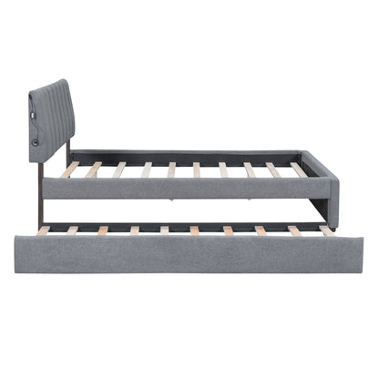 Luxurious Gray Upholstered Full Size Platform Bed with Twin Trundle and LED Lights