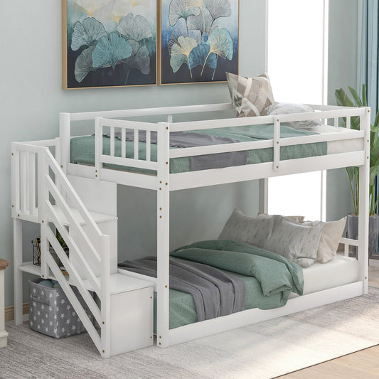 Space-Saving Twin Over Twin Bunk Bed with Storage Ladder in White