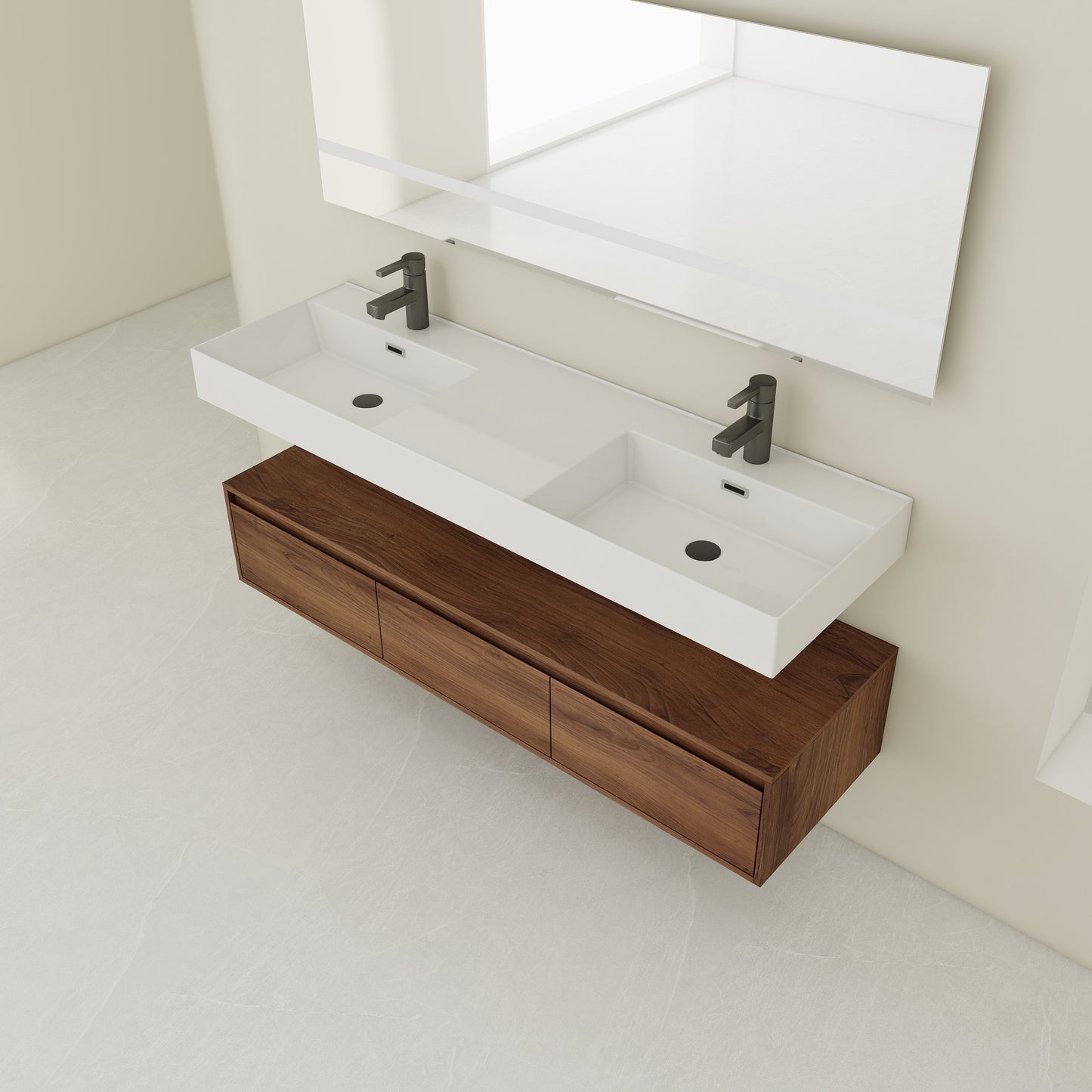 Contemporary 60-Inch Wall-Mounted Bathroom Vanity with Dual Resin Sinks, Soft-Close Drawers, and Floating Design