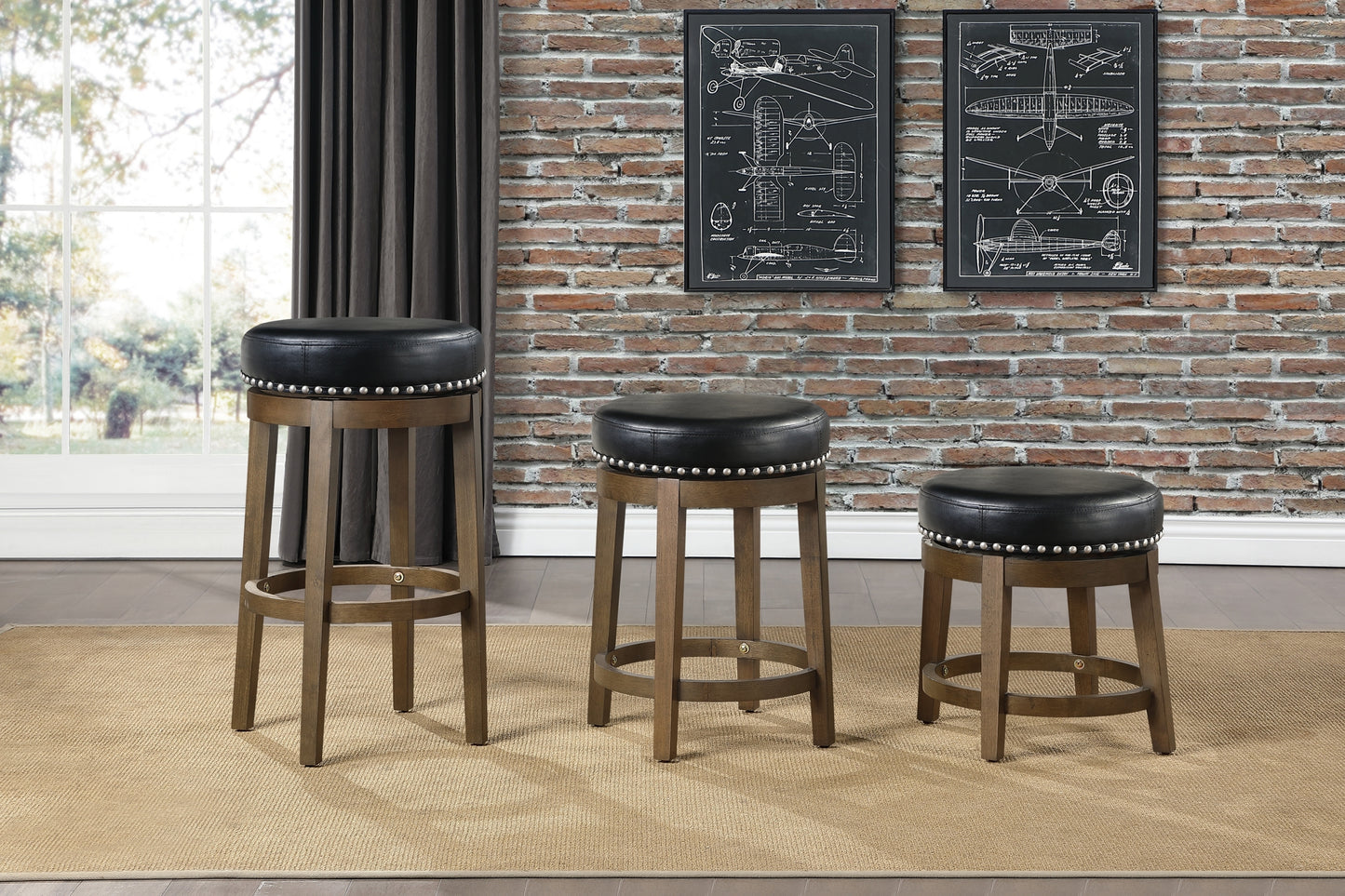 Round Swivel Stool Set of 2, Black Faux Leather 360-degree Swivel Seat Nailhead Trim Solid Wood Frame Brown Finish Transitional Style Furniture