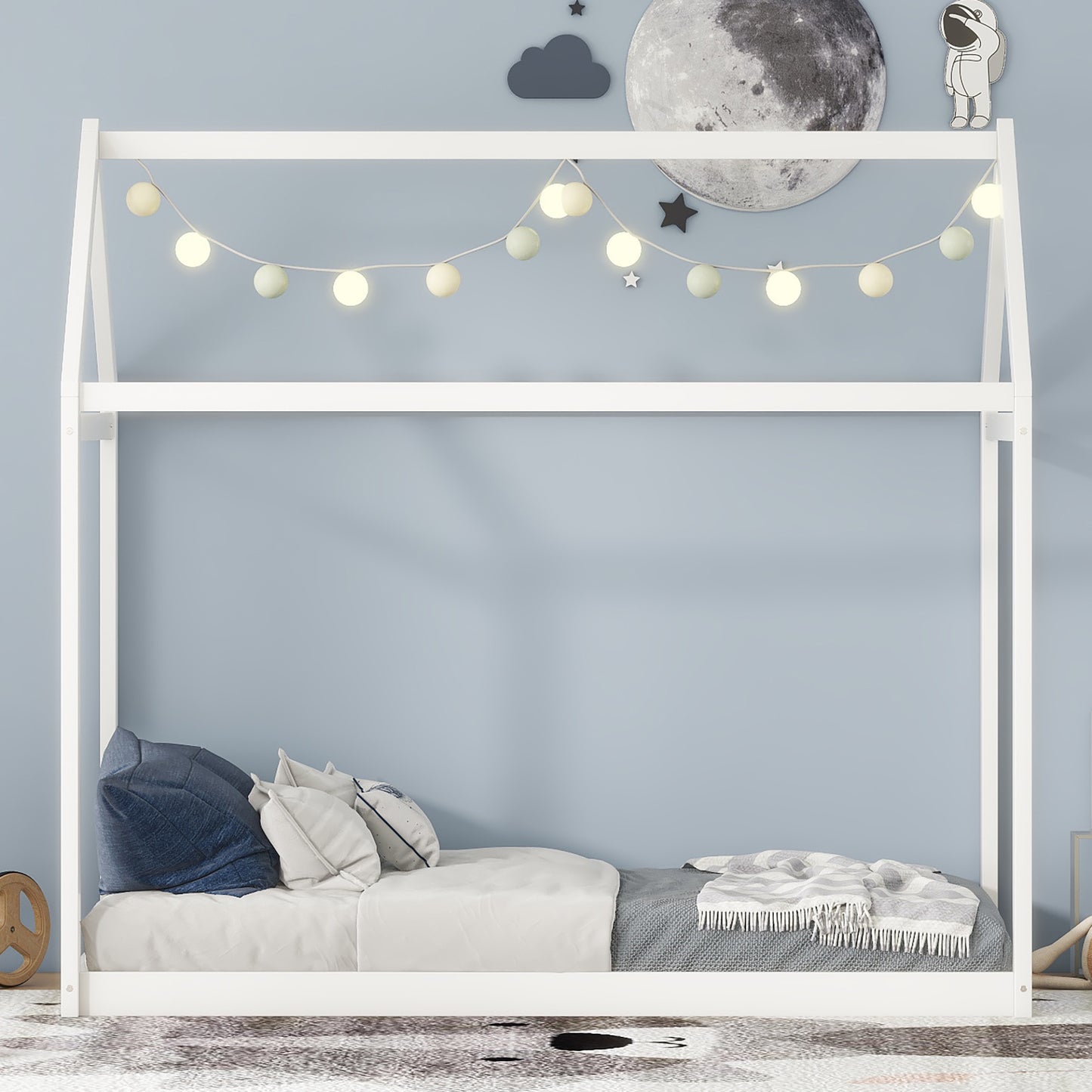 White Twin Size Pine Wood House Bed for Kids