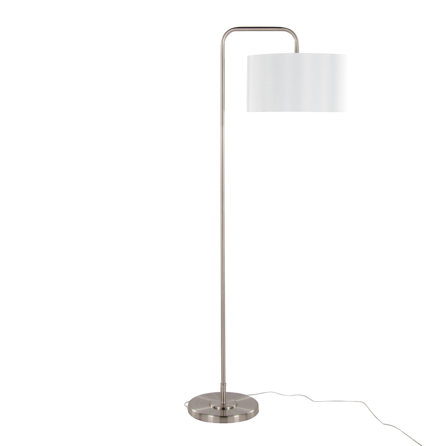 63-Inch Contemporary Metal Floor Lamp with Linen Shade Arc Neck, Foot Switch, Living Room, Brushed Nickel