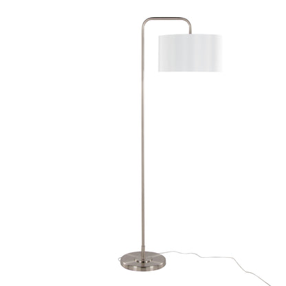 63-Inch Contemporary Metal Floor Lamp with Linen Shade Arc Neck, Foot Switch, Living Room, Brushed Nickel