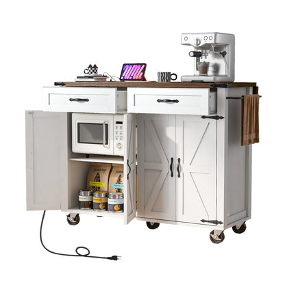 Farmhouse Rolling Kitchen Island with Power Outlet, Drop Leaf, Spice Rack, and Storage Drawers - 53.5'' White Cart for Kitchen and Dining Room