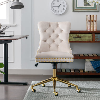 Velvet Tufted Button Office Chair with Golden Base - Adjustable Swivel Desk Chair in Beige
