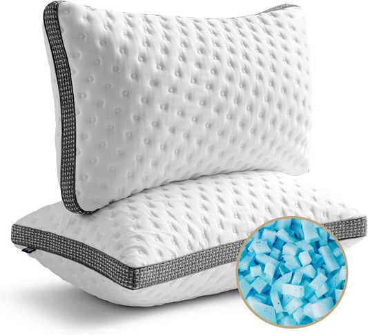 Queen Size Cooling Gel Memory Foam Pillows Set of 2, Medium Firm, CertiPUR-US Washable Cover White/Gray