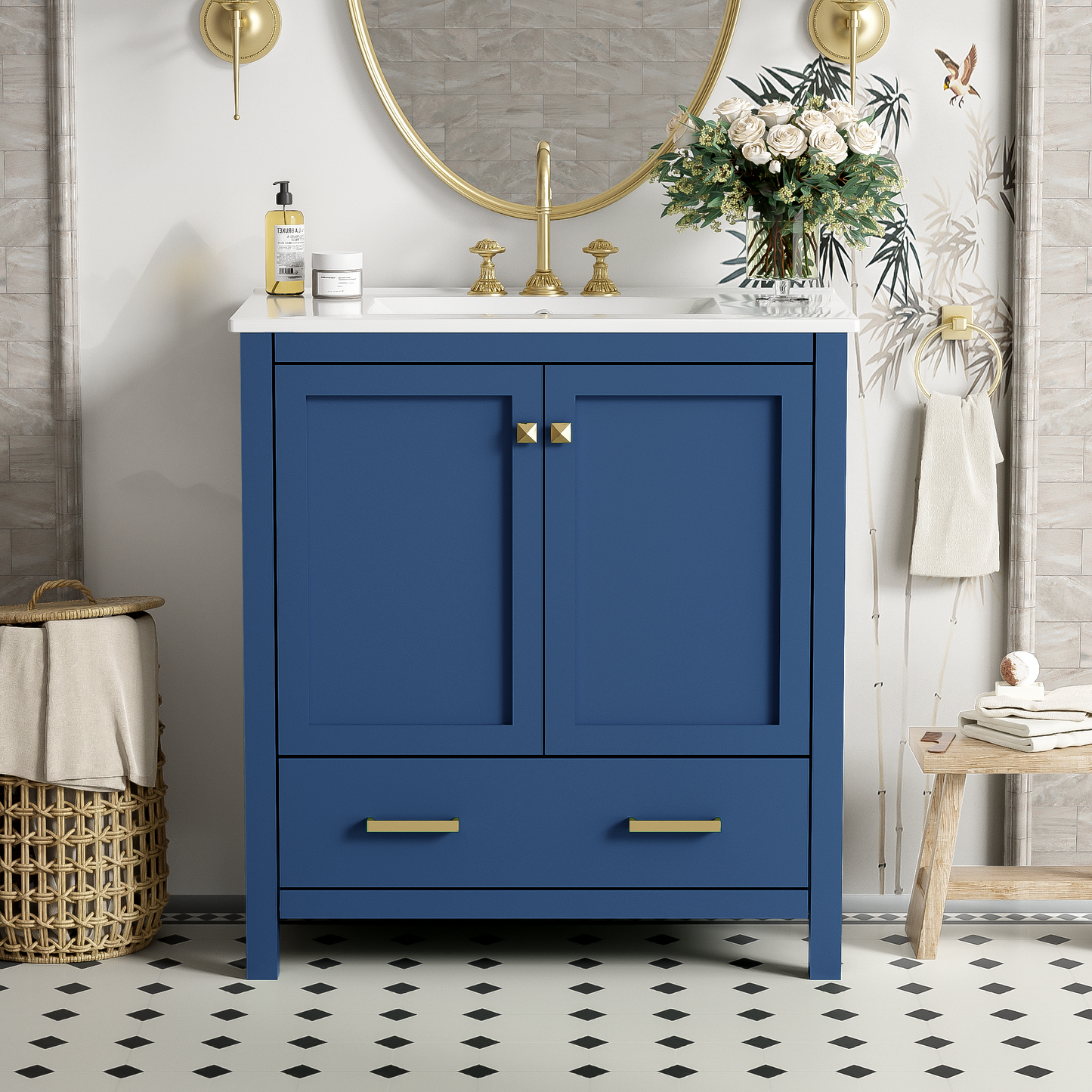 30-Inch Elegant Blue Bathroom Vanity with Ceramic Sink, Stylish Storage Cabinet Featuring Soft-Close Doors and Multifunctional Drawers