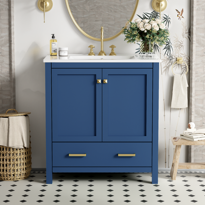 30-Inch Elegant Blue Bathroom Vanity with Ceramic Sink, Stylish Storage Cabinet Featuring Soft-Close Doors and Multifunctional Drawers