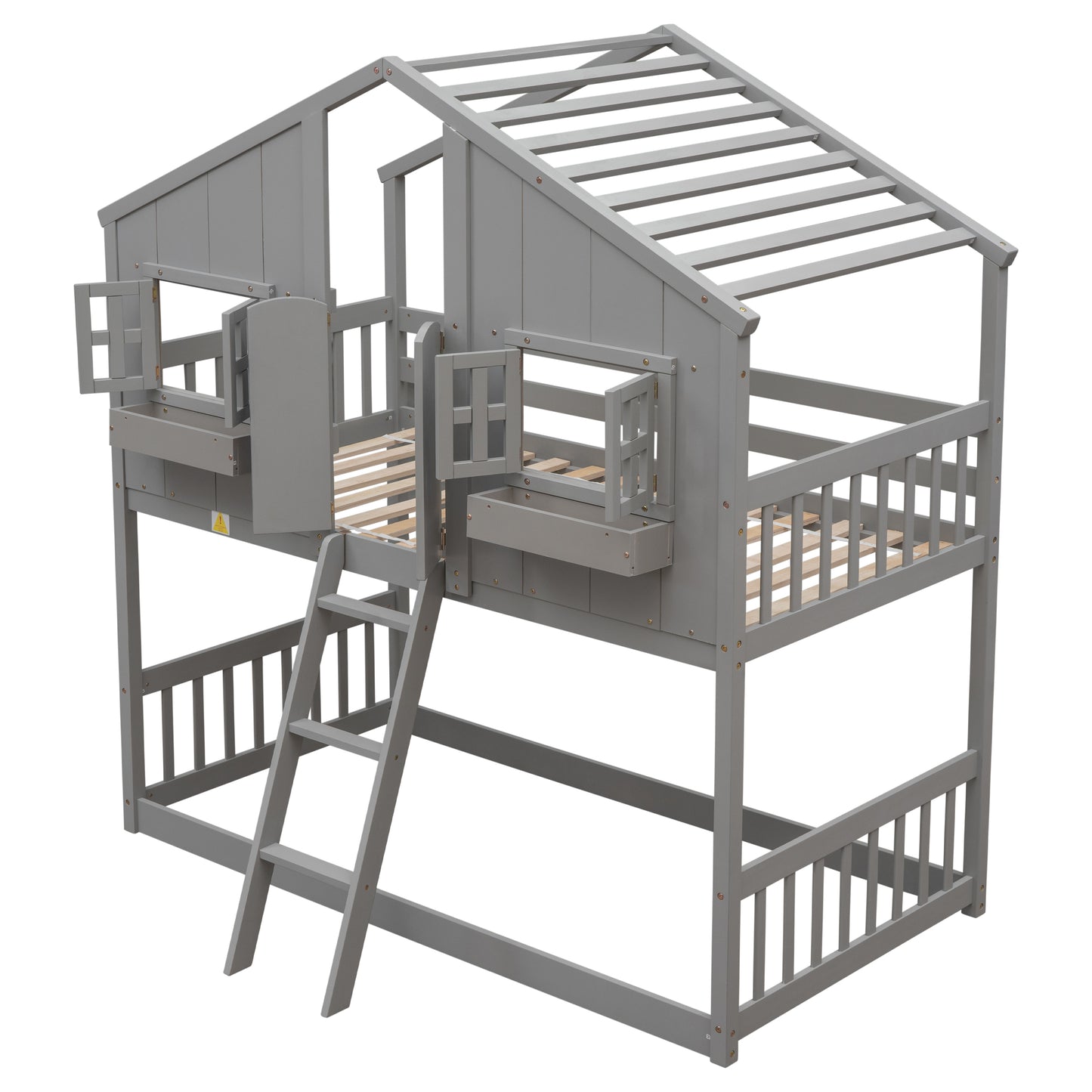 Twin House Bunk Bed for Kids with Roof and Windows - Twin Over Twin Design in Grey
