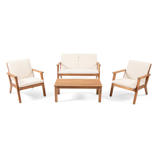 Acacia Wood Outdoor 4 Seater Chat Set With Cushions For Patio Garden Complete Patio Set Natural Cream