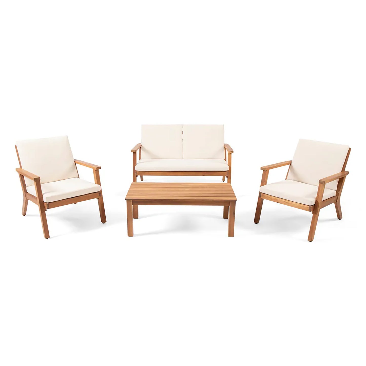 Outdoor Acacia Wood 4 Seater Chat Set With Cushions For Garden And Patio Complete Patio Set Natural Cream