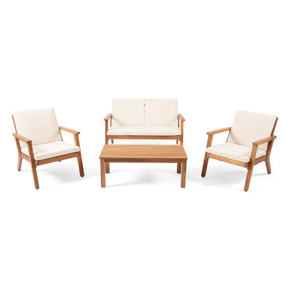 Outdoor Acacia Wood 4 Seater Chat Set With Cushions For Garden And Patio Complete Patio Set Natural Cream