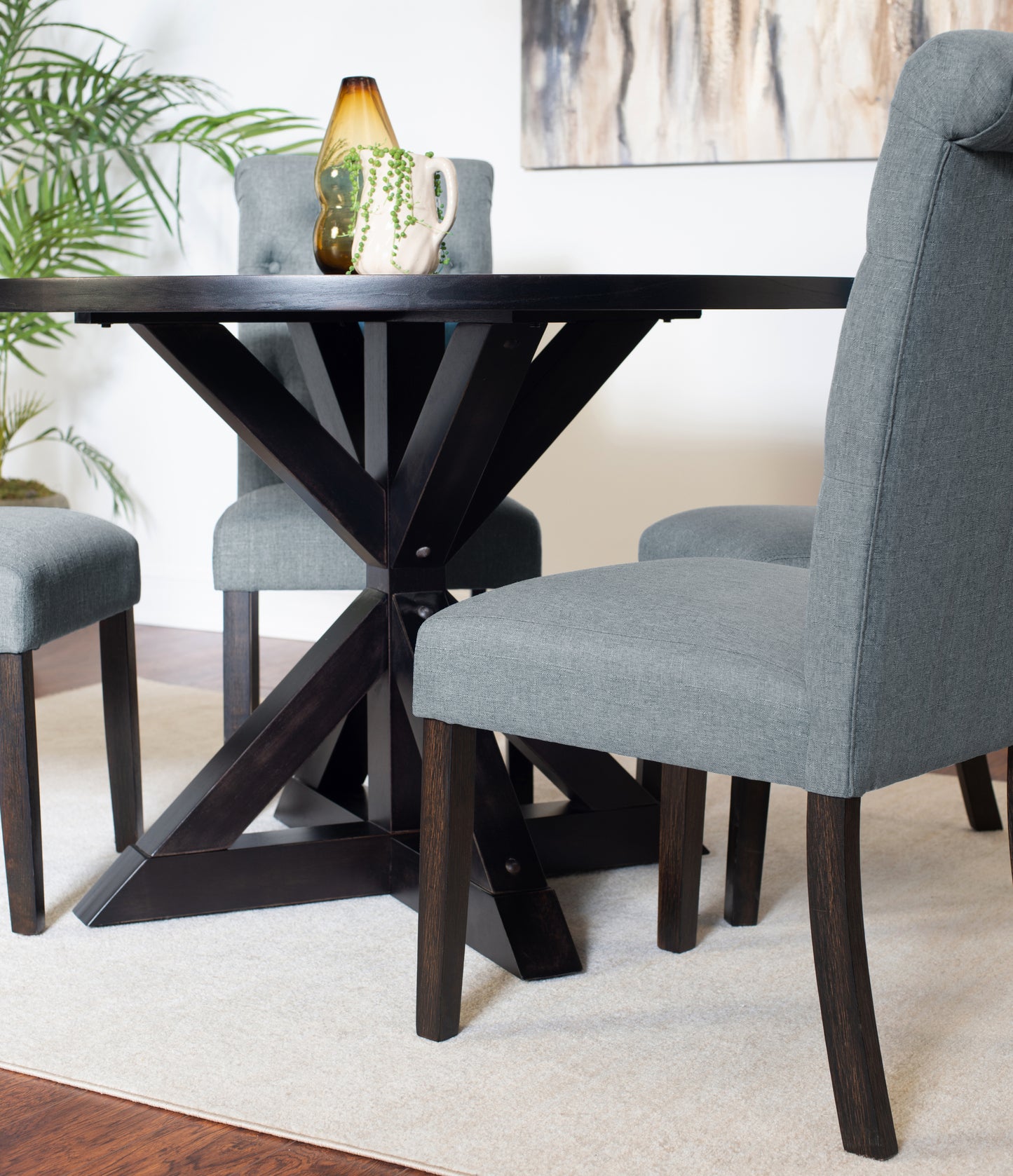 Round Cross Buck Table 4 Chairs 5 Piece Set Black Finish