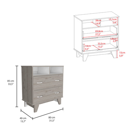 Portanova Modern Light Gray and White Dresser with Two Drawers and Open Shelves