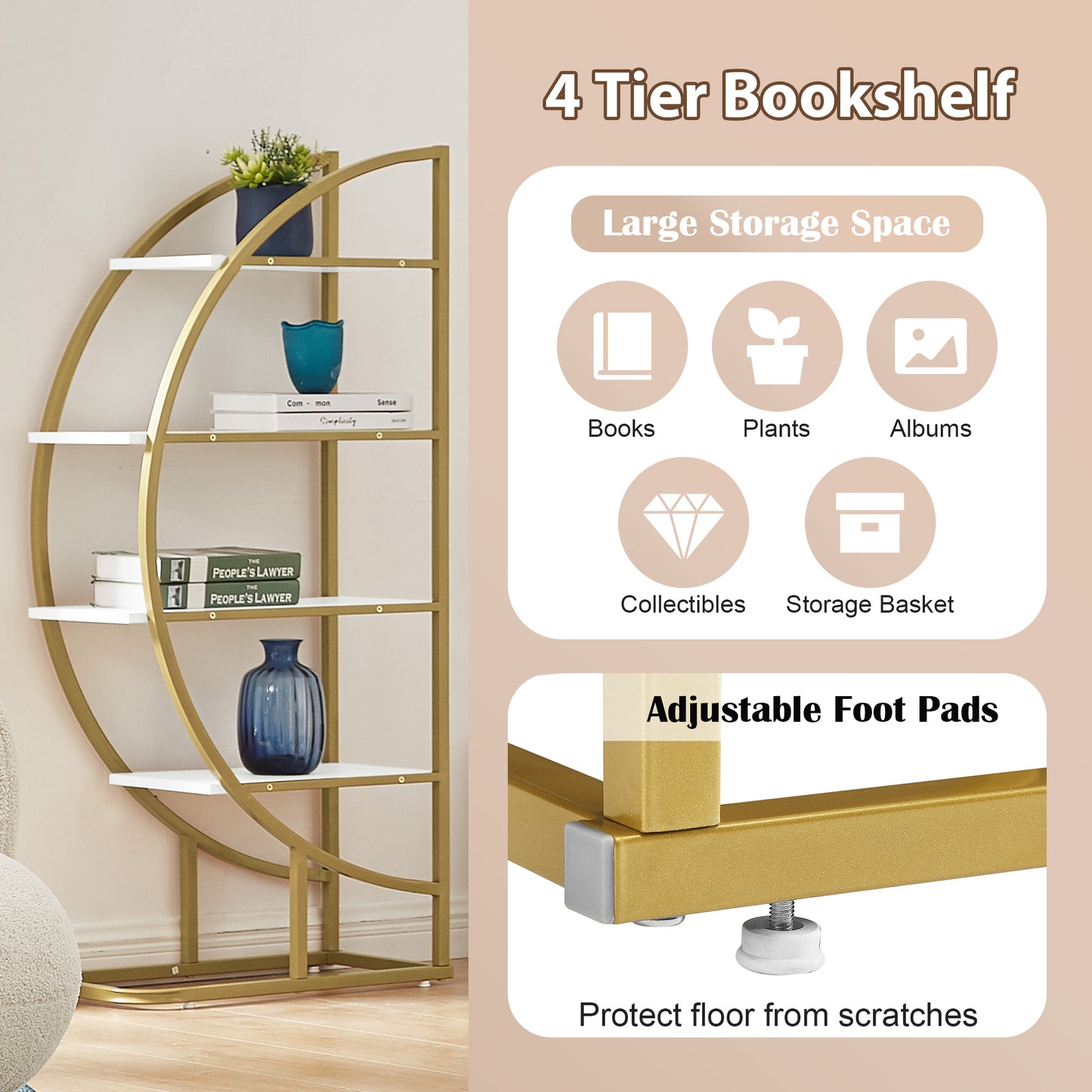 Modern 4-Tier Round Open Bookshelf with Gold Metal Frame and Adjustable Placement Options