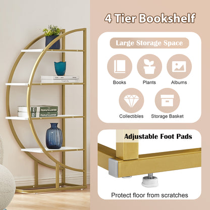 Modern 4-Tier Round Open Bookshelf with Gold Metal Frame and Adjustable Placement Options