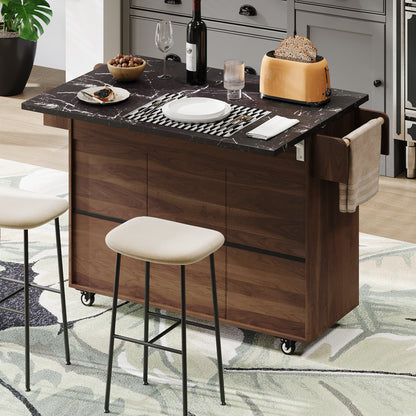 Walnut Brown Rolling Kitchen Island with Drop Leaf, Trash Can Storage, Spice & Towel Racks, and Adjustable Shelves