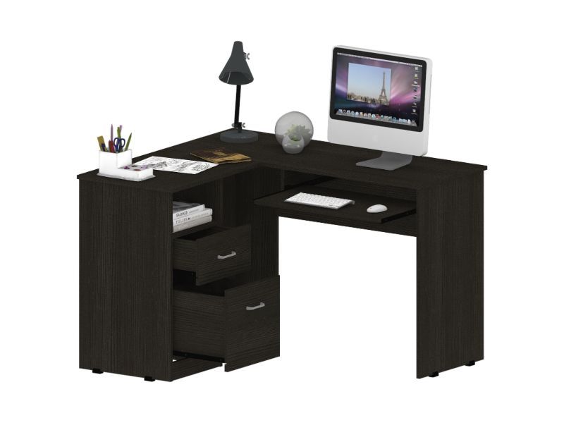 Colombian Black L-Shaped Office Desk with Drawers and CPU Storage