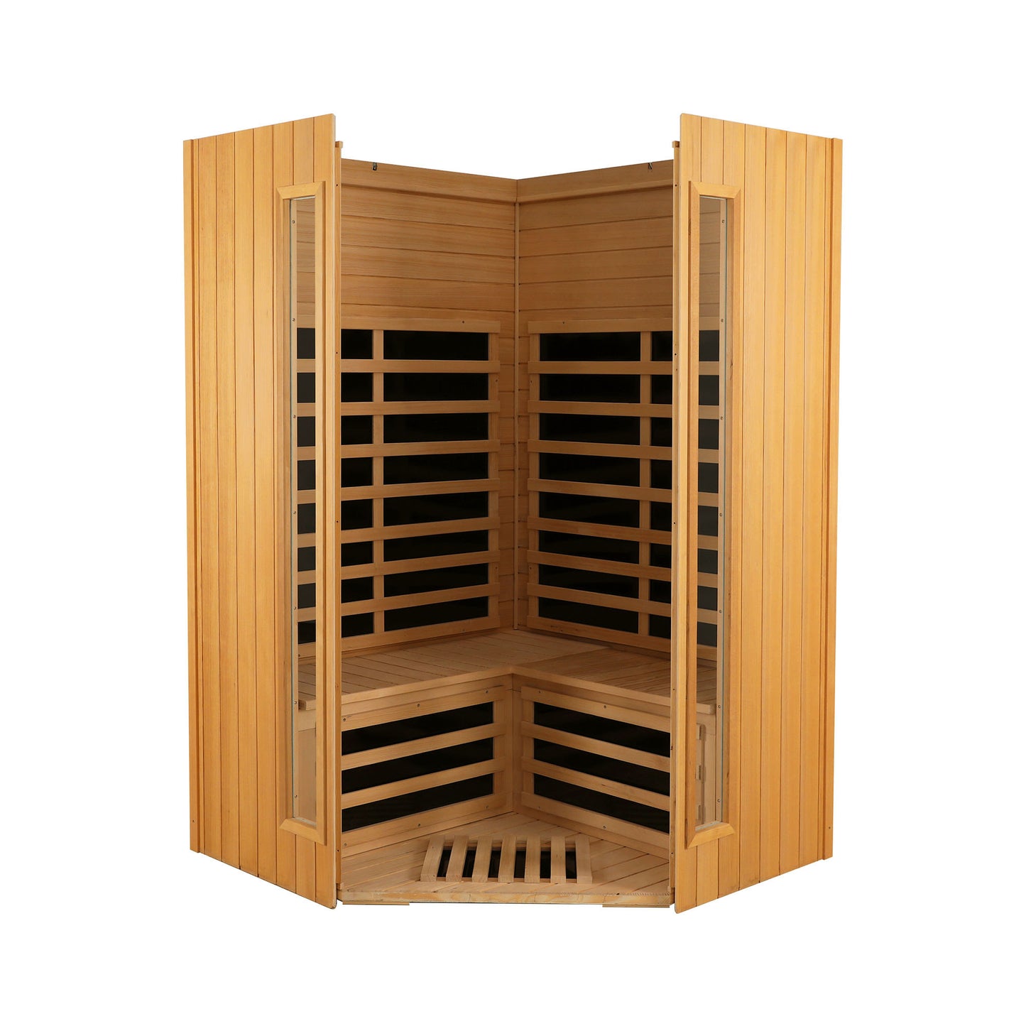 Two-Person Hemlock Indoor Far Infrared Sauna Room with Bluetooth LCD LED Lights 47x47x73 in Natural Wood