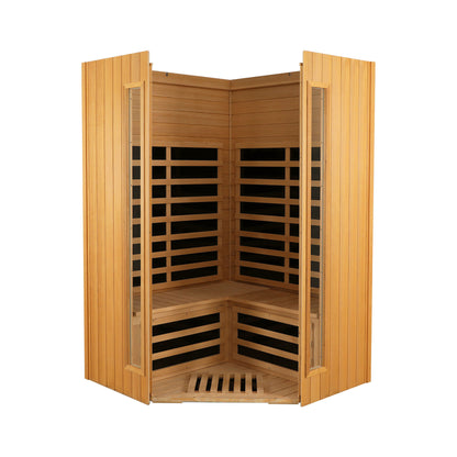 Two-Person Hemlock Indoor Far Infrared Sauna Room with Bluetooth LCD LED Lights 47x47x73 in Natural Wood