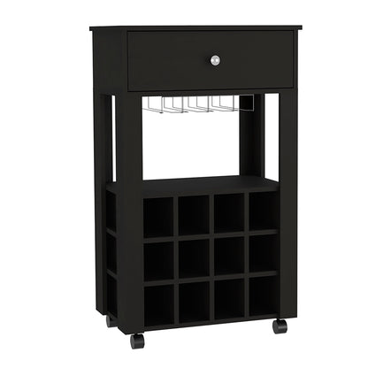 Modern Black Wengue Bar Cart With Twelve Wine Cubbies