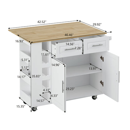Elegant Multi-Functional Kitchen Island Cart with Storage Cabinet, Drawers, Spice Rack, Wine Rack, and Foldable Rubberwood Top (White)