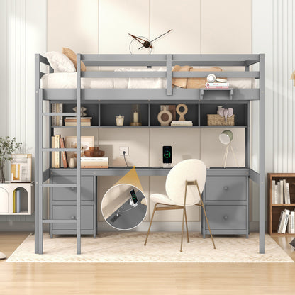 Gray Full Size Loft Bed with Integrated Desk, Storage Solutions, and Charging Station