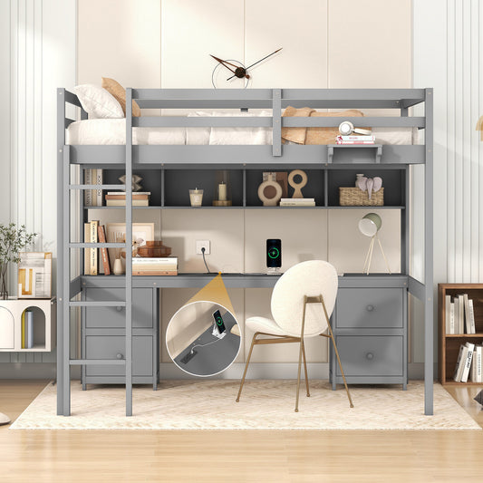 Gray Full Size Loft Bed with Integrated Desk, Storage Solutions, and Charging Station