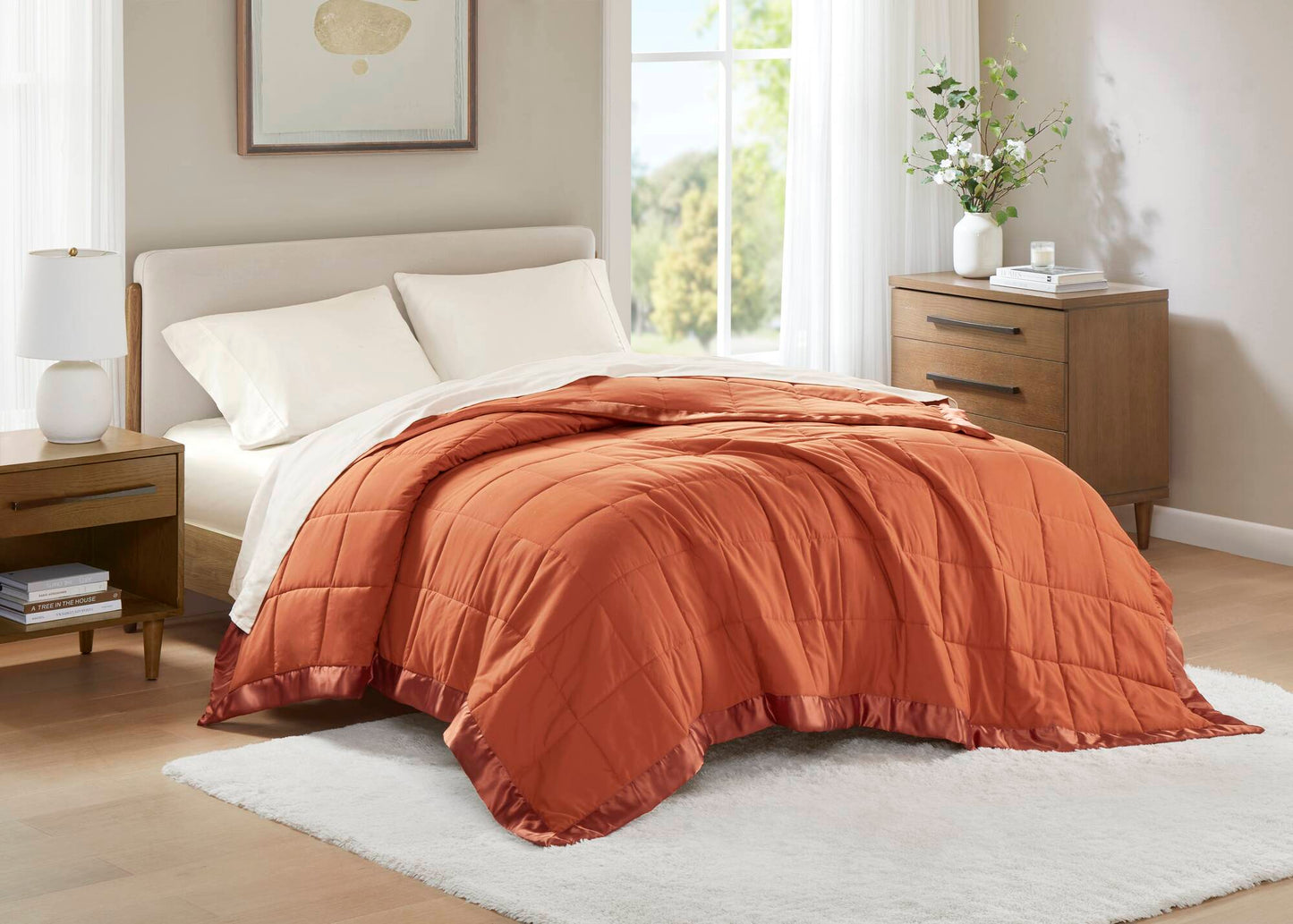 Full/Queen Lightweight Down-Alternative Blanket with Satin Trim, 15oz Down-Alternative, Orange