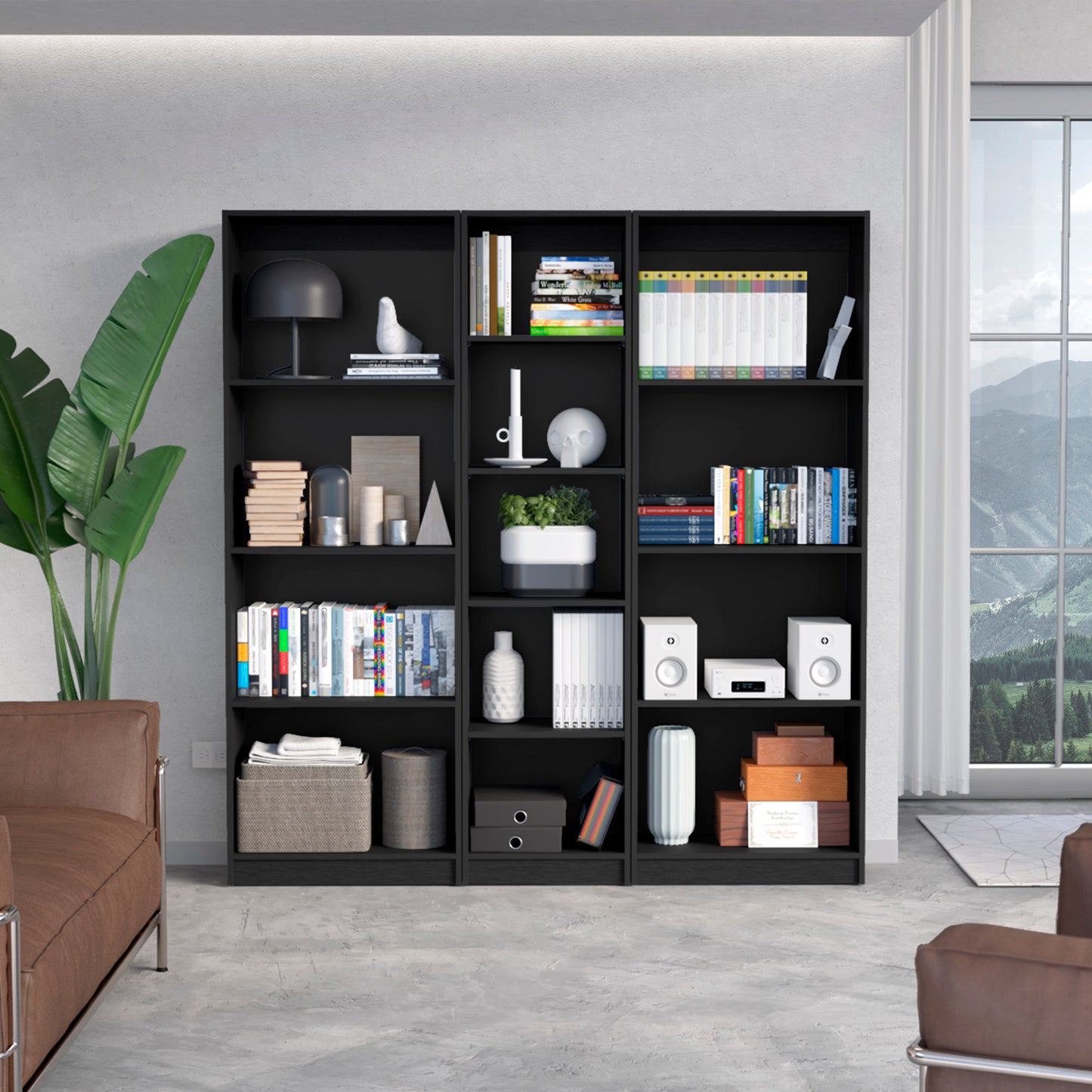 Modern 3-Piece Matt Gray and White Bookcase Set with 13 Shelves for Living Room - 67" Wide