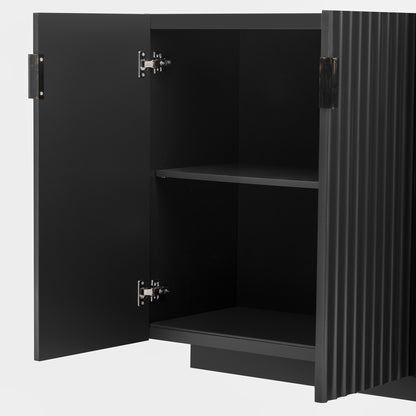 TREXM 4 Wavy Doors Ample Storage Space Sideboard with Adjustable Shelves and Retro Copper Handles for Dining Room and Living Room (BLACK)