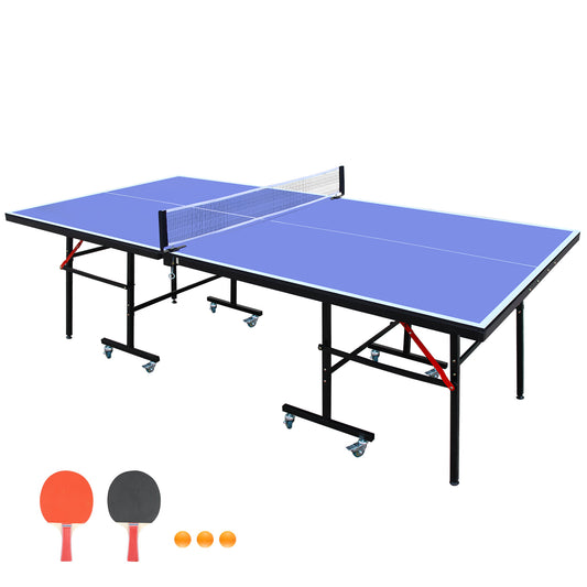 Regulation-Size 8ft Indoor Table Tennis Table, Foldable & Portable with Net, Paddles & 3 Balls Blue