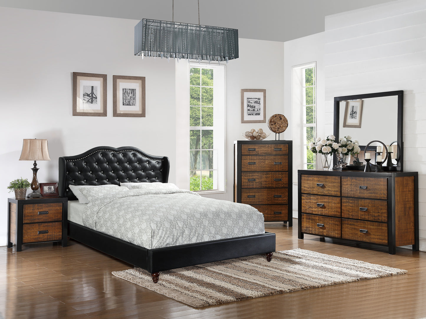 Luxurious Black Faux Leather Queen Bed Set with Wingback Headboard and Tufted Design
