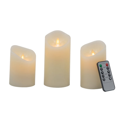 3-Pack LED Candles with Remote Timer, 3in Dia x 4–6in H, Flickering Wax-Look, Battery Powered, Ivory