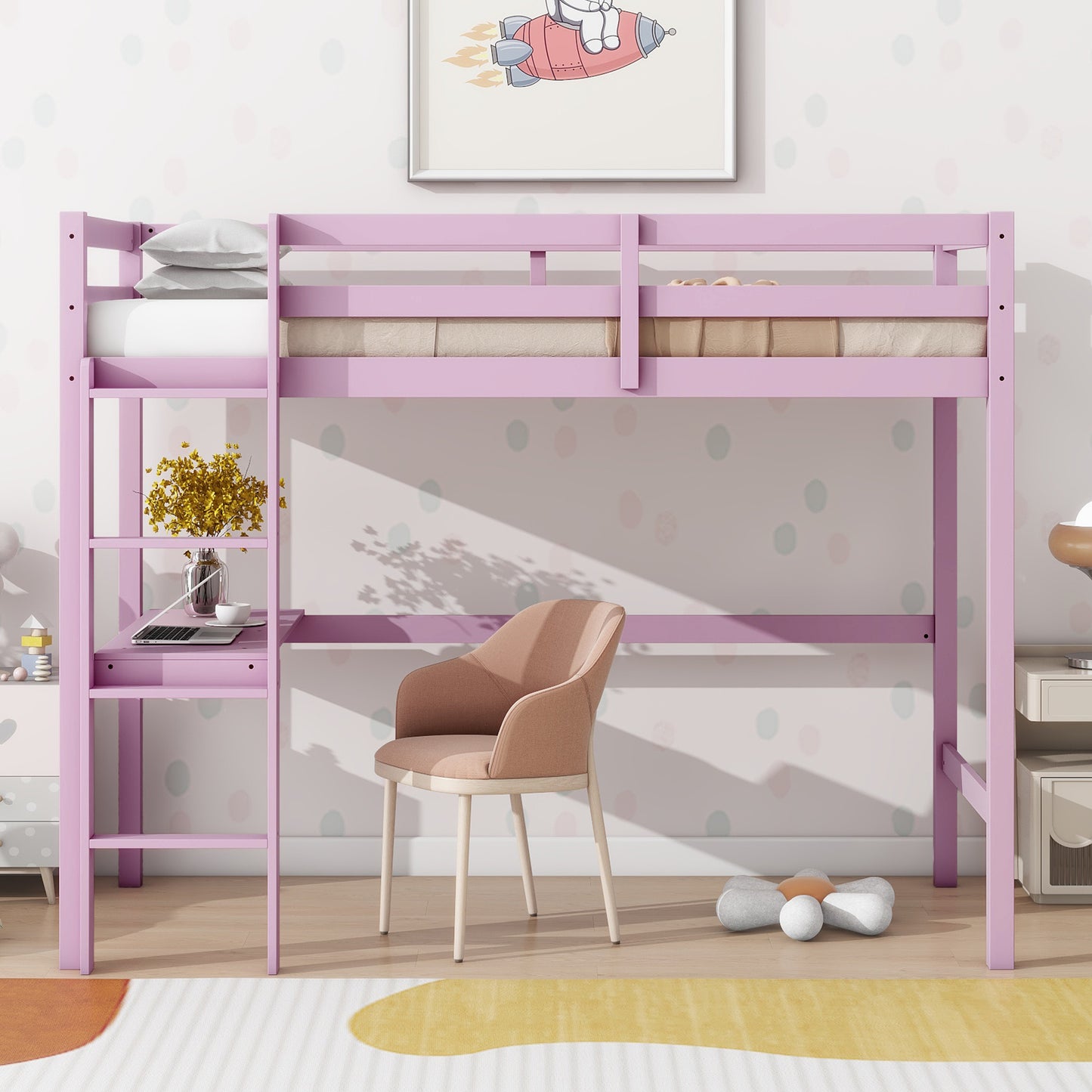 Pink Twin High Loft Bed with Built-in Desk and Safety Guardrails - Rubber Wood Design