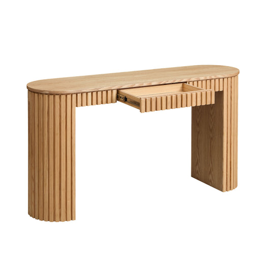 59.05-Inch Modern Console Table with Drawer for Entryway – Curved Top, Vertical Stripe, MDF Natural