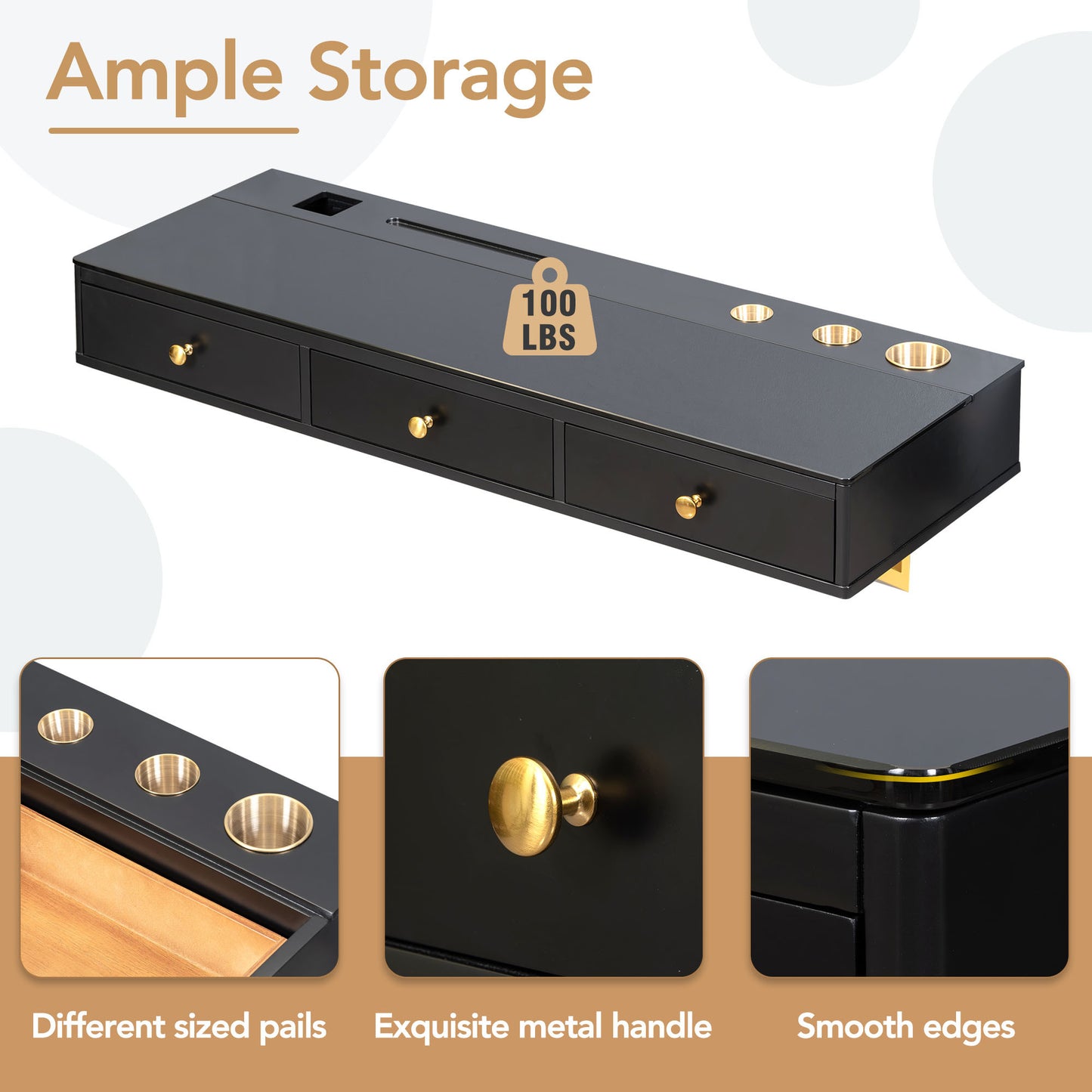 47-Inch Floating Shelf with Drawer — Wall-Mounted Vanity Desk for Bedroom/Bath Salon Table Black & Gold