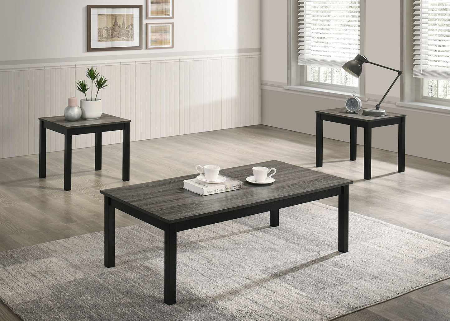 Contemporary 3-Piece Coffee Table Set with 2 End Tables, Faux Marble Top, Solid Wood Legs, Gray