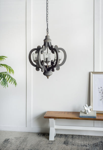 Farmhouse 6-Light Wood Chandelier Pendant with Adjustable Chain - Dining Room, Living Room, 60W E12 Gray