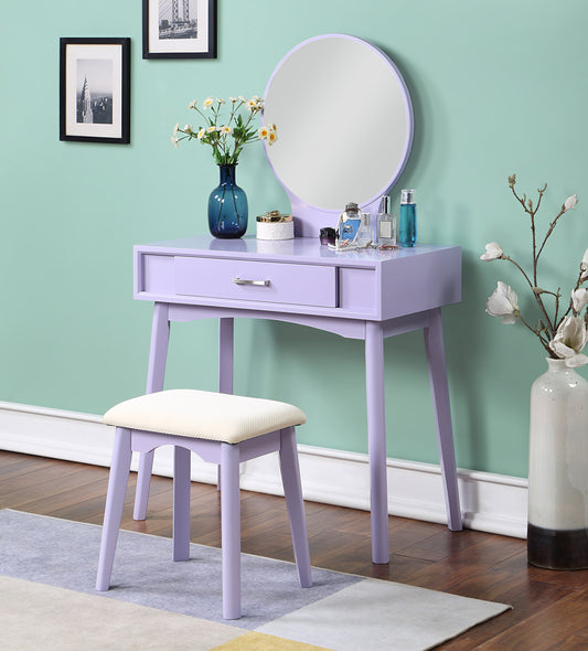 Contemporary Wood Vanity and Stool Set with Storage Drawers, Makeup Table for Bedroom, Modern Desk - Purple